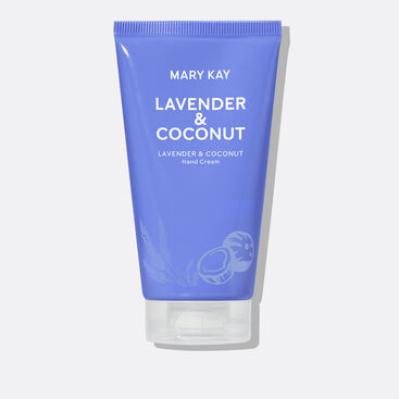 Purple hand cream tube with lavender and coconut illustrations on it.&nbsp;